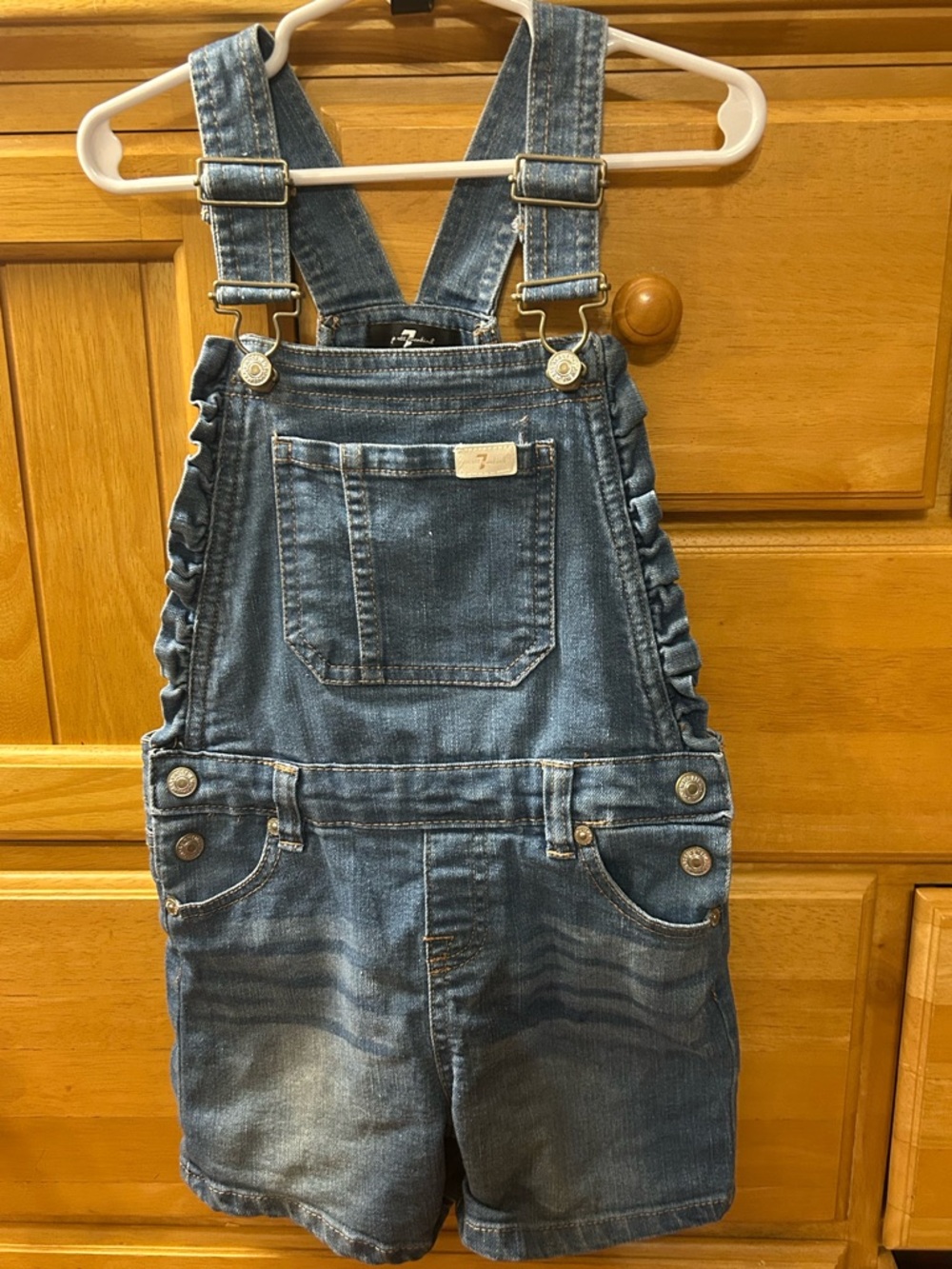 7 For All Mankind Girl's Denim Bib, with Ruffle Trim Overall Shorts Size 5